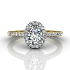 Oval Cut Halo Style Diamond Engagement Ring Pave Setting Side Stones With 4 Claw Setting Centre Stone In 18k Yellow Gold