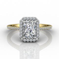 Radiant Cut Diamond Halo Engagement Ring with Pave Side Stones Setting -18K Yellow