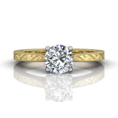 Two Tone Round Cut Filigree and Milgrain Vintage Style Engagement Ring in 18k Yellow and White Gold