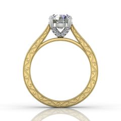 Two Tone Round Cut Filigree and Milgrain Vintage Style Engagement Ring in 18k Yellow and White Gold