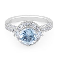 Aquamarine Diamond Halo Engagement Ring in Grain Set  Diamond Engagement rings