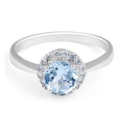 AQUAMARINE DIAMOND HALO ENGAGEMENT RING IN 18 KARAT WHITE GOLD  - Wedding Rings