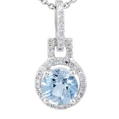Aquamarine Round Cut Diamond Halo Pendant Pave Setting In 18K White Gold 