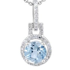 Aquamarine Round Cut Diamond Halo Pendant Pave Setting In 18K White Gold 