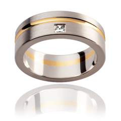 18K White and Yellow Gold Gents Diamond Princess Cut Wedding Band Emery Finish 