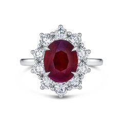 Princess Diana Inspired Halo Ruby Diamond Ring 4 Claw Setting In 18K White gold 