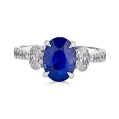 Trilogy 3 Stone Diamond Sapphire Engagement Ring 4 Claw Setting Centre Stone and Pave Setting Side Stone In 18K White Gold 