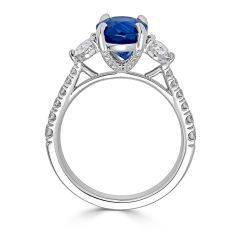 Trilogy 3 Stone Diamond Sapphire Engagement Ring 4 Claw Setting Centre Stone and Pave Setting Side Stone In 18K White Gold 