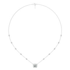 Emerald Cut Halo Diamond Pendant 4 Claw Setting Centre Stone Pave Setting Side Stone In 18K White Gold 