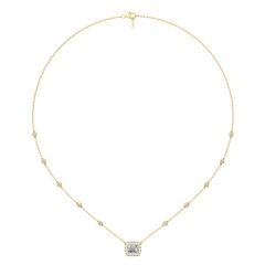 Halo Diamond Necklace Emerald Cut Four Claw Setting Adjustable Chain In 18K Yellow Gold 