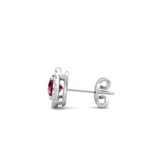 Ruby Halo Diamond Earring Pave Setting Butterfly Backs In 18K White Gold 