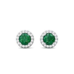 Emerald Diamond Halo Earring Round Cut 4 Claw Setting In 18K White Gold 