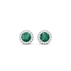 Emerald Halo Stud Diamond Earring Round Cut Centre 4 Claw Setting In 18K White Gold