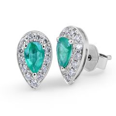 Emerald Diamond Halo Stud Earrings in 18 Karat White Gold