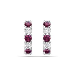 Ruby Diamond Hoop Earrings Share Claw Setting In 18K White Gold 