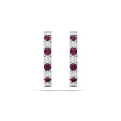 Hoop Ruby Diamond Earrings In 18K White Gold Share Claw Setting 