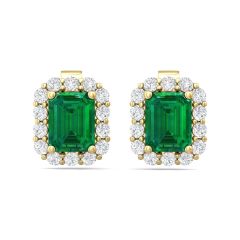 Emerald Halo Diamond Stud Earring 4 Claw setting Pave Setting Side Stone In 18K Yellow Gold 