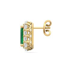 Emerald Halo Diamond Stud Earring 4 Claw setting Pave Setting Side Stone In 18K Yellow Gold 