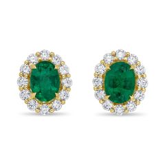 Emerald Stud Halo Diamond Earring Round Cut 4 Claw Setting Share Prong Setting Side Stone In 18K Yellow Gold 