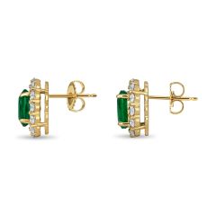 Emerald Stud Halo Diamond Earring Round Cut 4 Claw Setting Share Prong Setting Side Stone In 18K Yellow Gold 