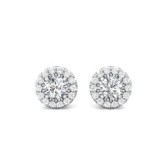 Halo Diamond Stud Earring Round Cut 4 Claw Setting  With Secured friction backings In 18K White Gold 