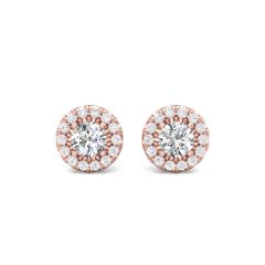 Stud Diamond Earrings Halo Style Round Cut Diamond Centre Pave Setting Side Stone In 18K Rose Gold