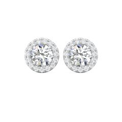 Halo Diamond Stud Earrings 4 Prong Centre Stone Pave Setting Side Stone In 18K White Gold  