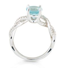 Criss Cross Round Cut Aquamarine Diamond Ring Pave Setting Side Stones In 18K White Gold 