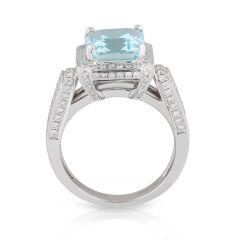 4.00CT Emerald Cut Aquamarine Halo Diamond Ring Pave Setting In 18K  White Gold