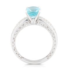 Aquamarine Oval Cut 3 Row Pave Setting Diamond Ring In18K White Gold