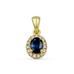 1.00CT Oval Cut Blue Sapphire Halo Diamond Pendant Pave Setting In 18K Yellow Gold