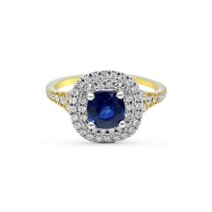 Double Halo Split Band Blue Sapphire Diamond Engagement Ring In 18 Karat White and Yellow Gold