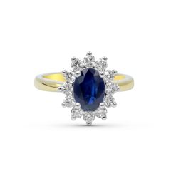 Halo Oval Cut 4 Claw Blue Sapphire Diamond Engagement Ring In 18 Karat White And Yellow Gold