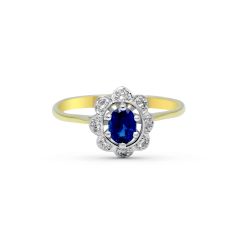 Vintage Style 6 Claw Oval Cut Blue Sapphire Diamond Halo Engagement Ring In 18 Karat White And Yellow Gold