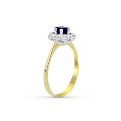 Vintage Style 6 Claw Oval Cut Blue Sapphire Diamond Halo Engagement Ring In 18 Karat White And Yellow Gold