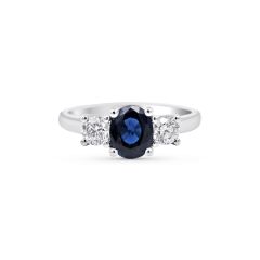 1.00CT Blue Sapphire Trilogy Oval Cut 4 Claw Setting Diamond Engagement Ring In 18K White Gold
