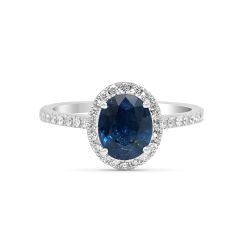 Natural Dark Blue Sapphire Diamond Ring Oval Cut Hidden Halo Set In 18K White Gold