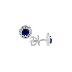 Blue Sapphire Diamond Halo Stud Earring 3 Claw Setting In 18K White Gold
