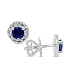 Blue Sapphire Diamond Halo Stud Earring 3 Claw Setting In 18K White Gold