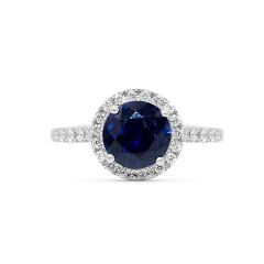 Natural Blue Sapphire Round Cut Halo Diamond Pave Setting Ring In 18K White Gold