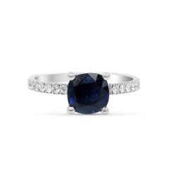 Natural Dark Blue Sapphire Diamond Ring Cushion Cut set in 18K White Gold 