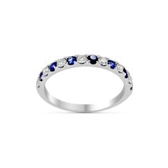 Blue Sapphire And Diamond Wedding Anniversary Band Pave Setting In 18K White Gold
