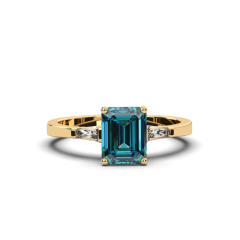 18K Yellow Gold Emerald Cut Teal Sapphire Ring with 2 Tapered-cut baguette Diamond 