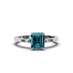 2.00CT Emerald Cut Teal Sapphire Ring Set with Tapered Diamond Band in 18K White Gold 