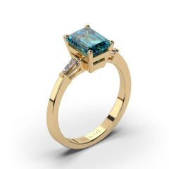 18K Yellow Gold Emerald Cut Teal Sapphire Ring with 2 Tapered-cut baguette Diamond 