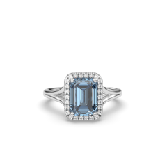 Santa Maria Aquamarine Halo Diamond Ring Emerald Cut 4 Claw Centre Stone Pave Setting Side Stone in 18K White Gold 