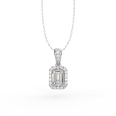 Emerald Cut Halo Diamond Pendant 4 Claw Setting In 18K White Gold 