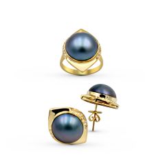14K Yellow Gold Diamond Black Grey Mabe Pearl Earring 