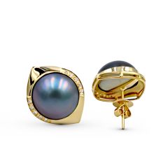 14K Yellow Gold Diamond Black Grey Mabe Pearl Earring 