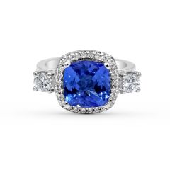 Platinum Trilogy  Halo Cushion Cut Tanzanite Diamond Engagement Ring In Pave Setting 